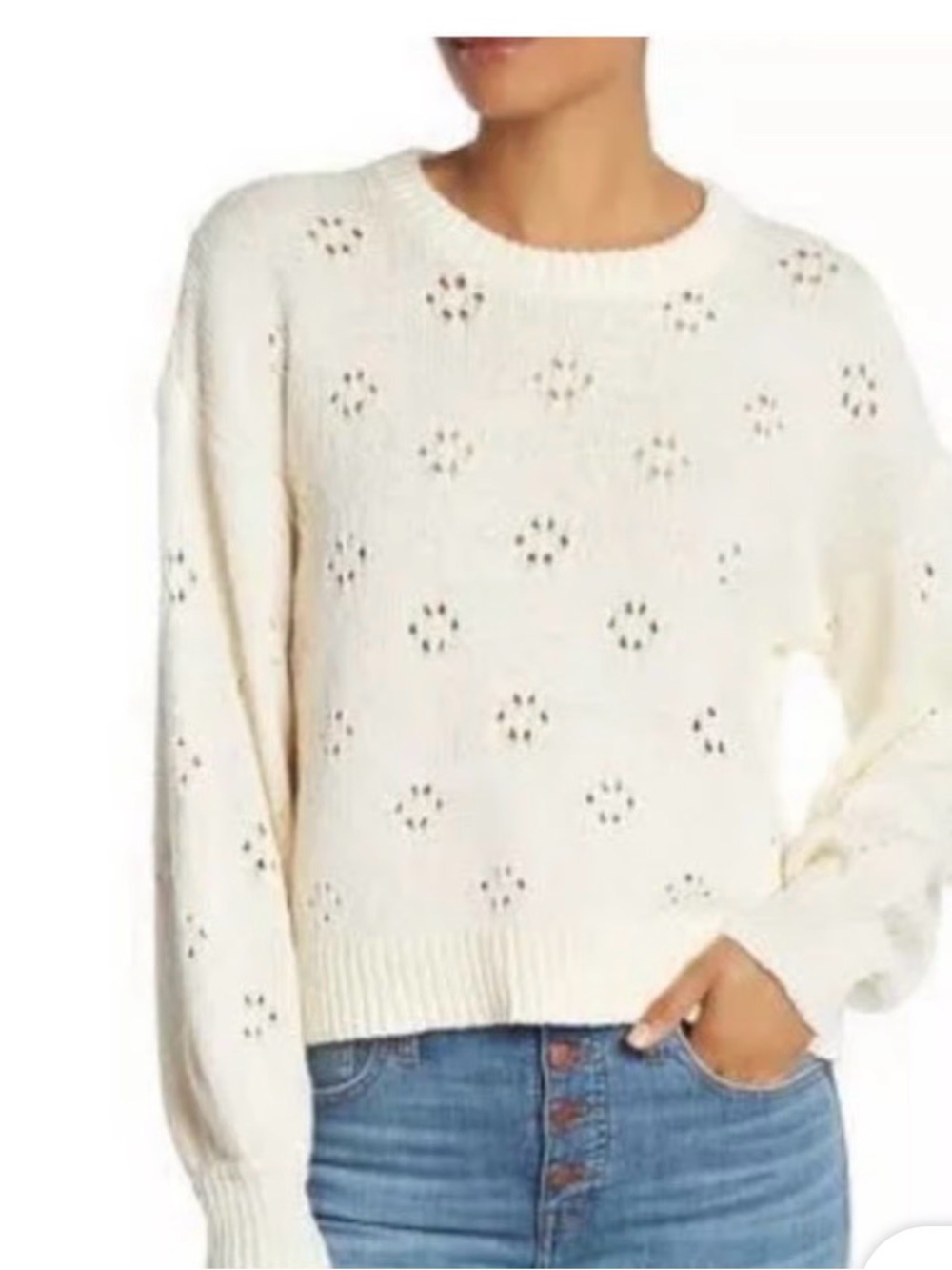 Madewell 100% Cotton Floral Pointelle Sweater Cream Size Large
